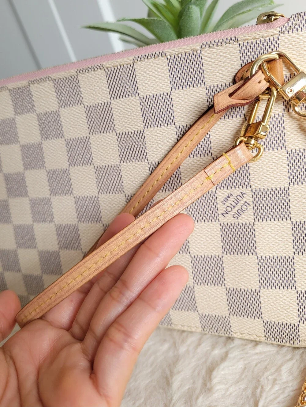 Louis Vuitton Neverfull Mm Clutch Wristlet Damier Azur Rose Ballerine